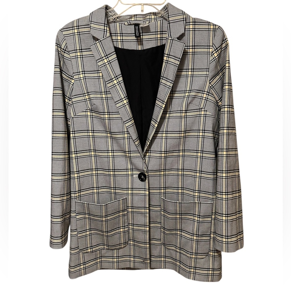 H&M “Divided” Black/White/Yellow Checked Straight Cut Blazer NWOT